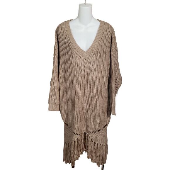 Cozy Casual Chunky Knit Sweater Womens Sz M/L Tan V Neck Fringe Boho Oversized‎ - Picture 1 of 9